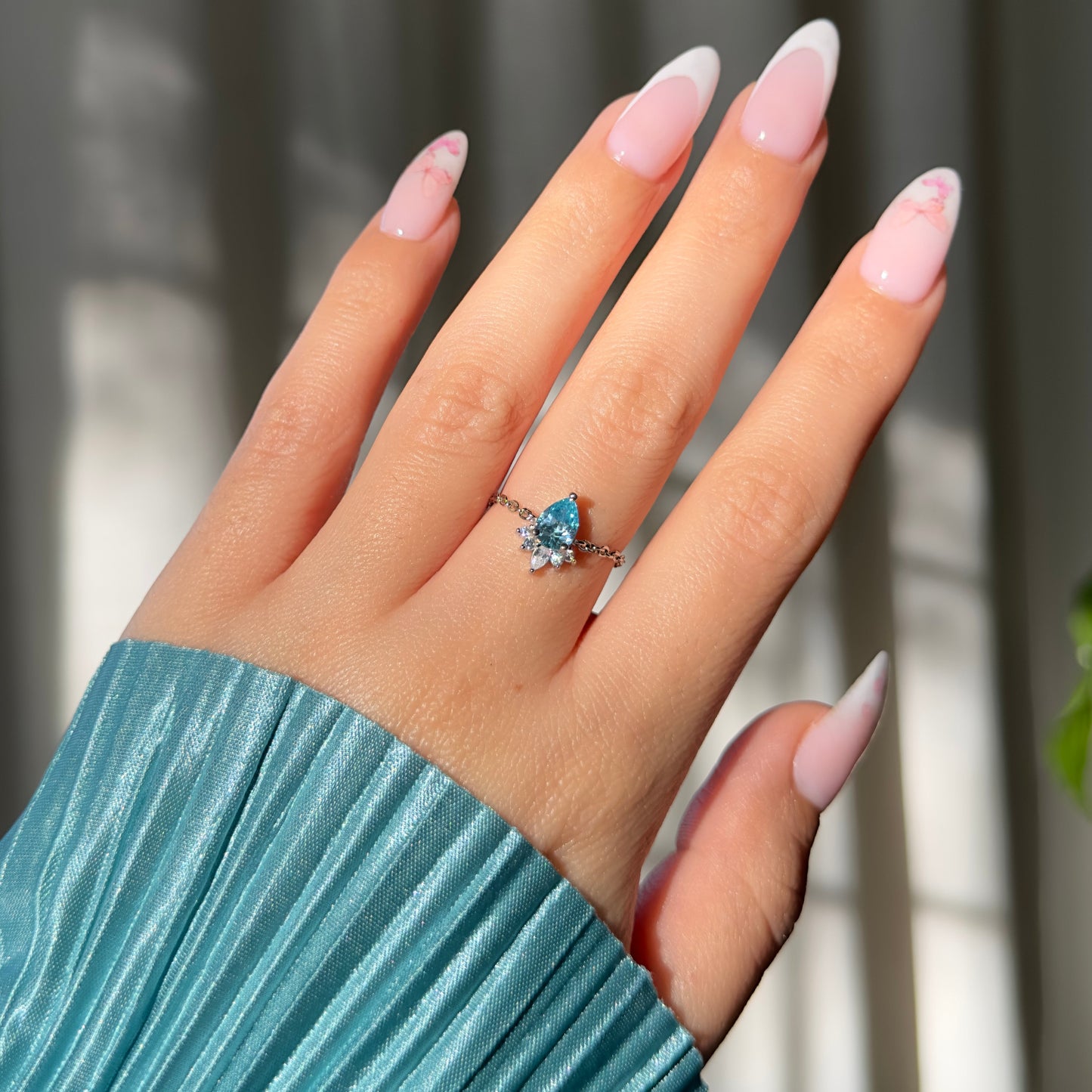 Adjustable Aquamarine Self-Love chain ring with secure locking bead