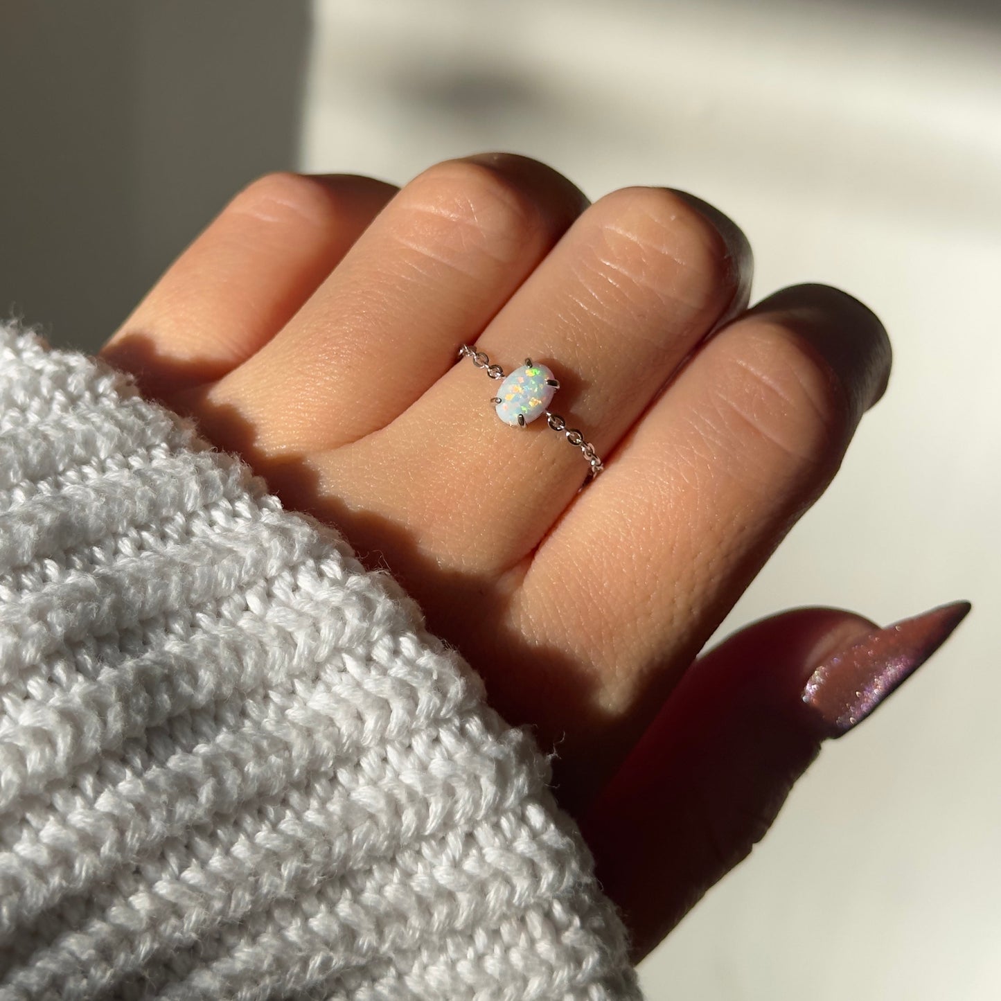 Adjustable dainty chain ring with lab-grown white opal
