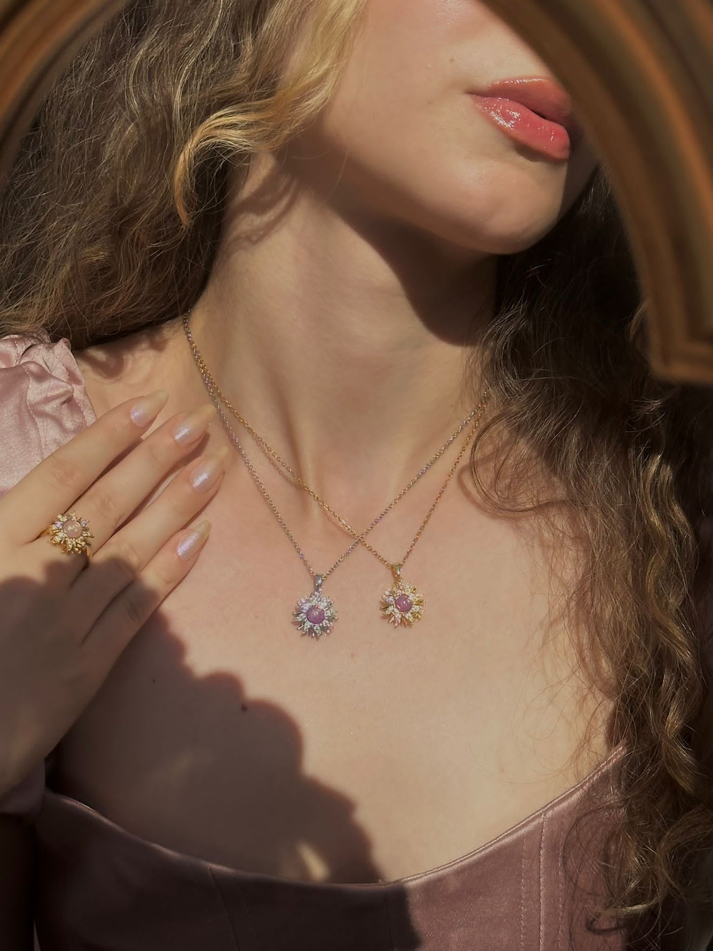 Detailed view of Rapunzel spinning sun ring with zircon stone