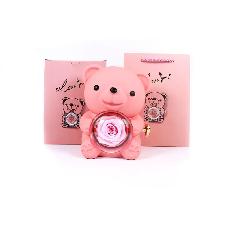 Ewiger Rosenbär mit individuell gravierter Halskette – Romantische Geschenkbox