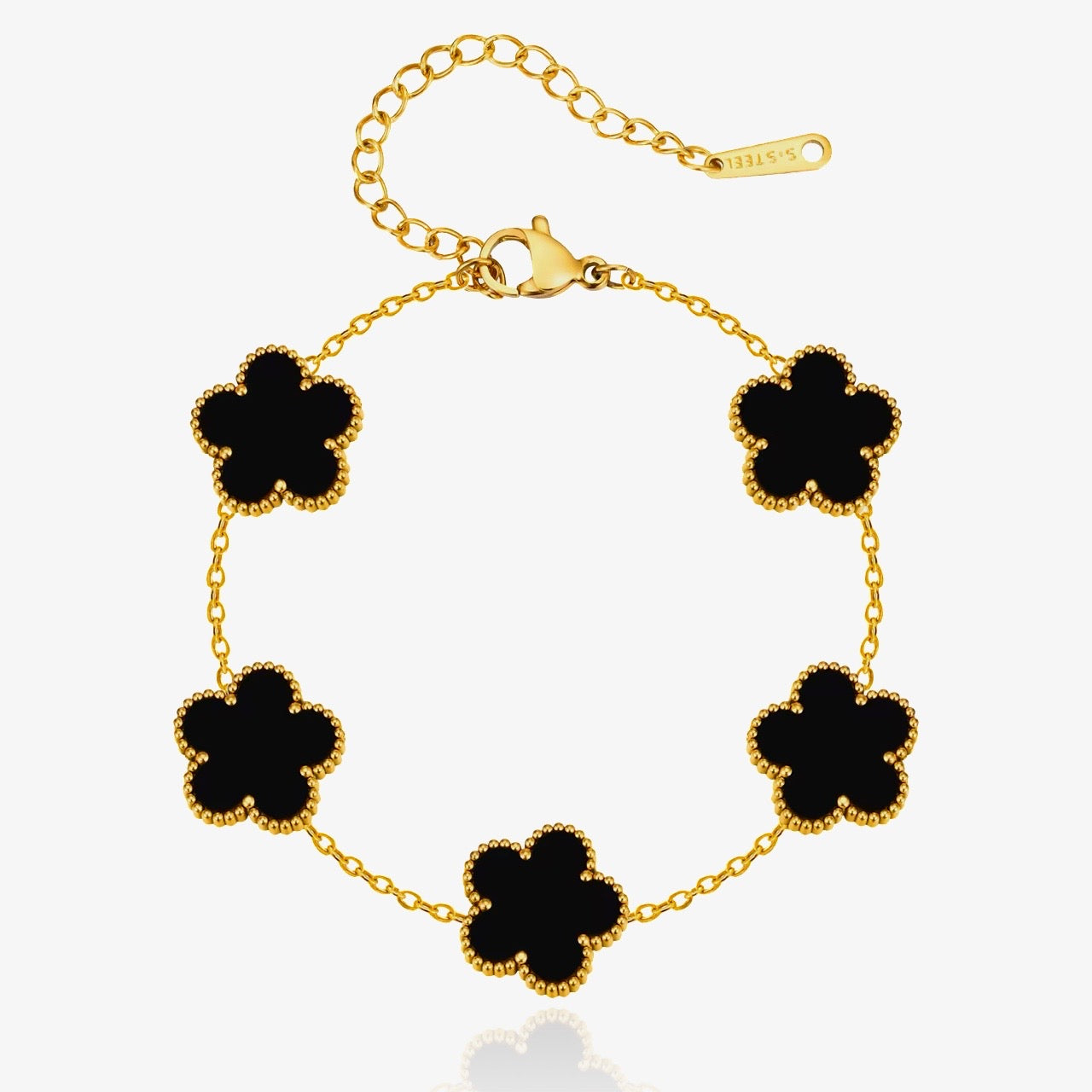 Black flower clover bracelet with gold finish – waterproof jewelry Loveness