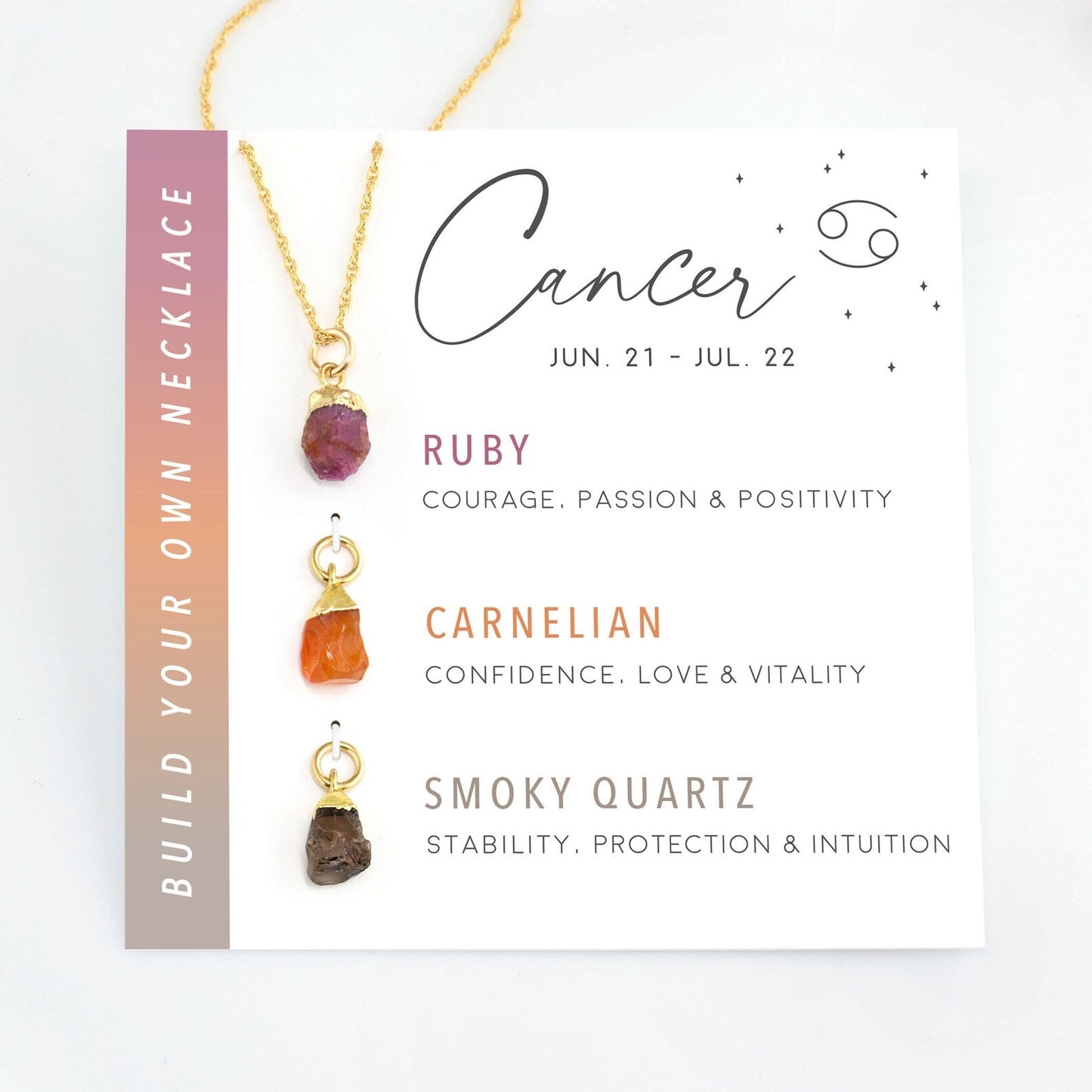 Flatlay of birthstone necklace and zodiac card