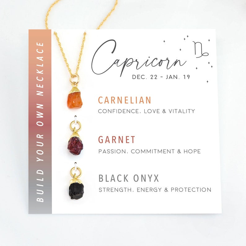 capricorn Zodiac necklace with raw crystals – gold plated, front view