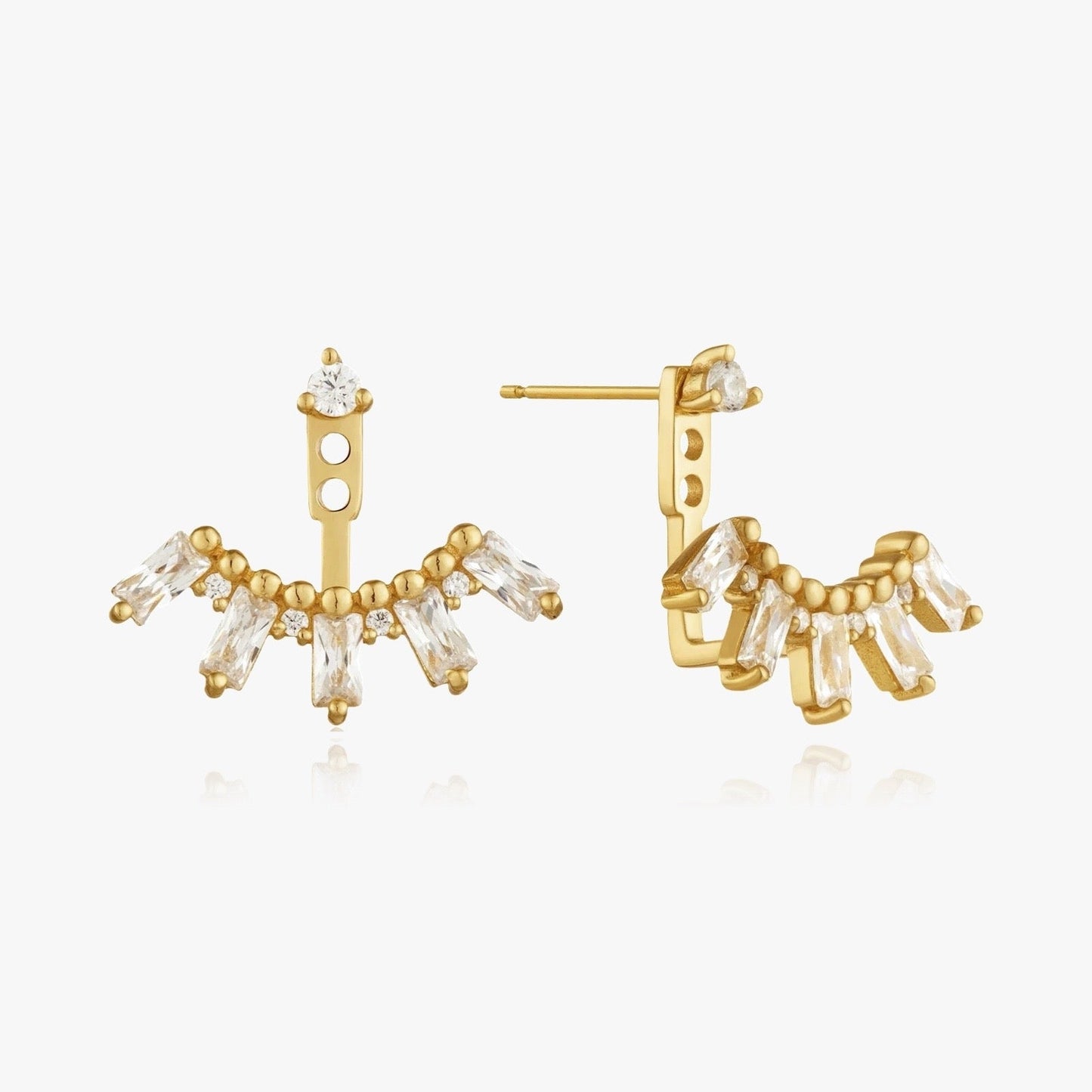 Front view of Celebration ear jacket earrings in gold and silver