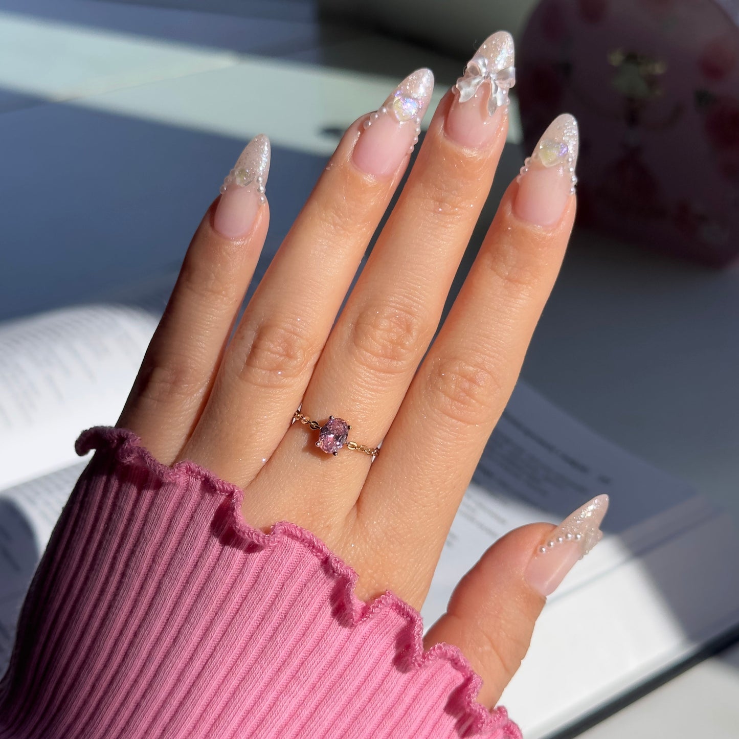 Minimalist adjustable pink ring in gold
