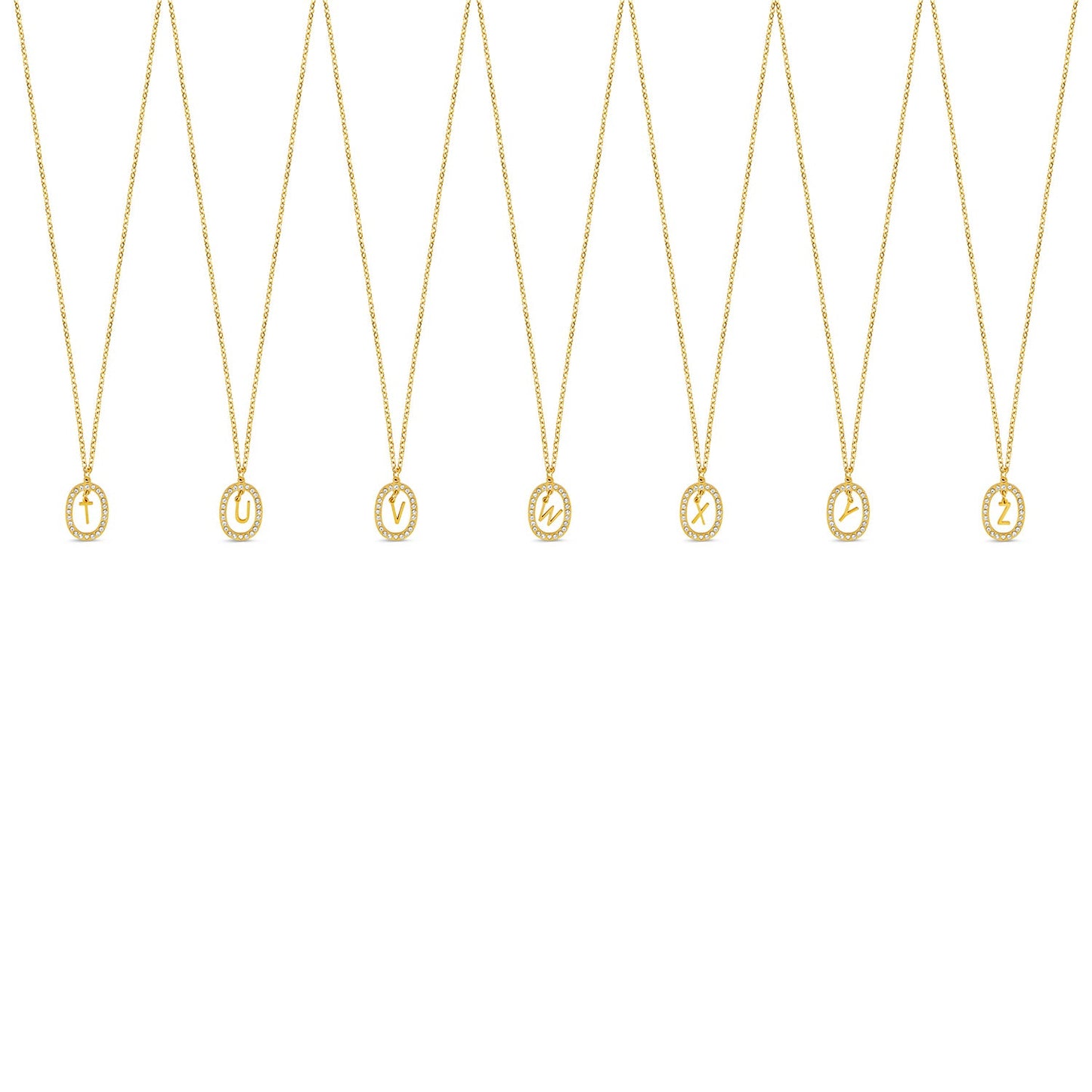Nahaufnahme der Chandelier Initial Halskette Gold