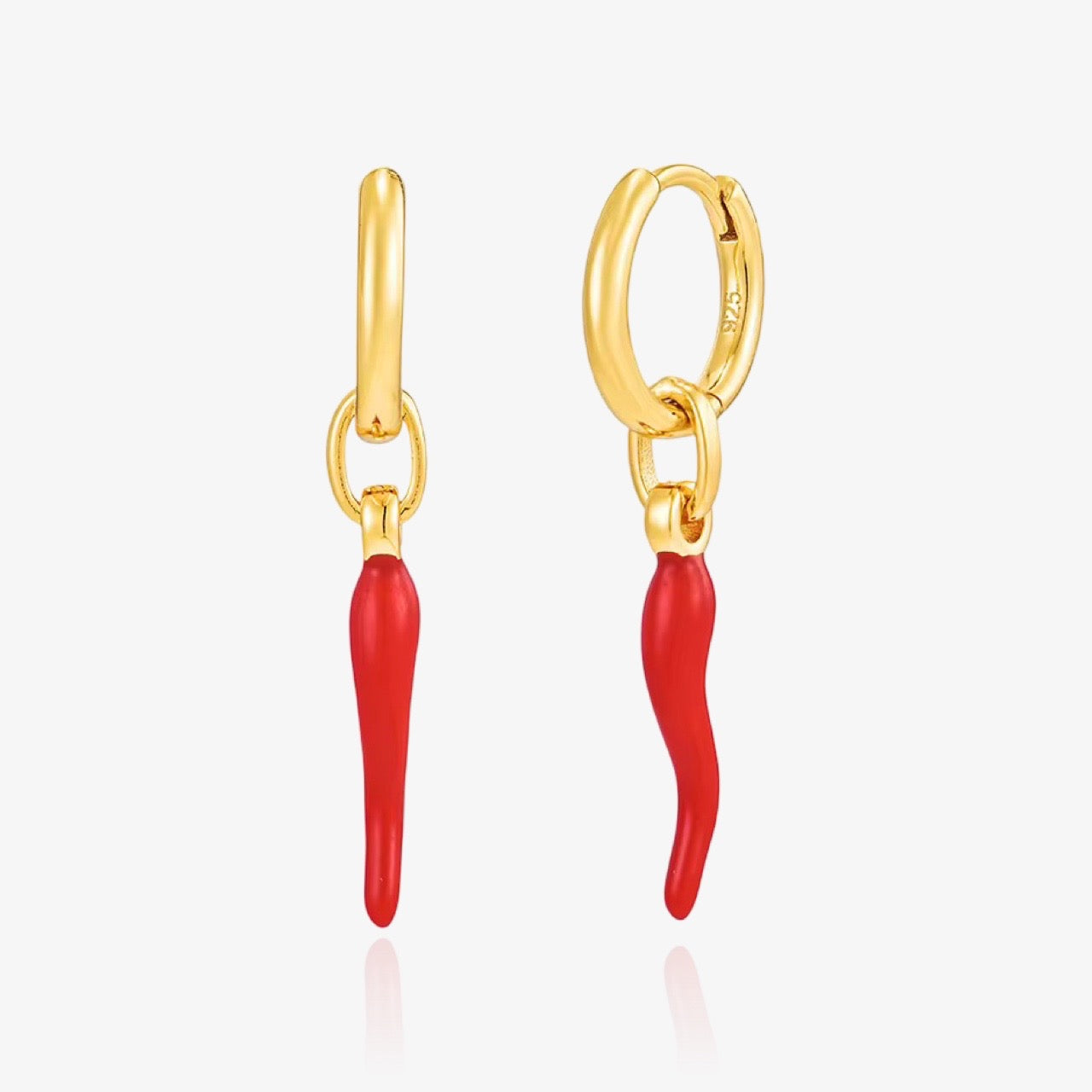 Front view of chili pepper hoop earrings in gold