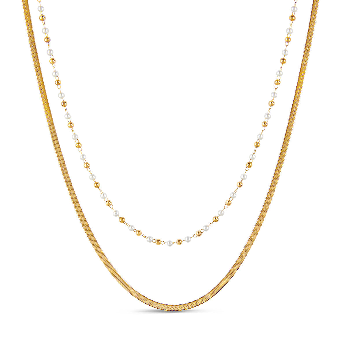 Contrast Pearl Layered Snake Chain Halskette Gold – Vorderansicht