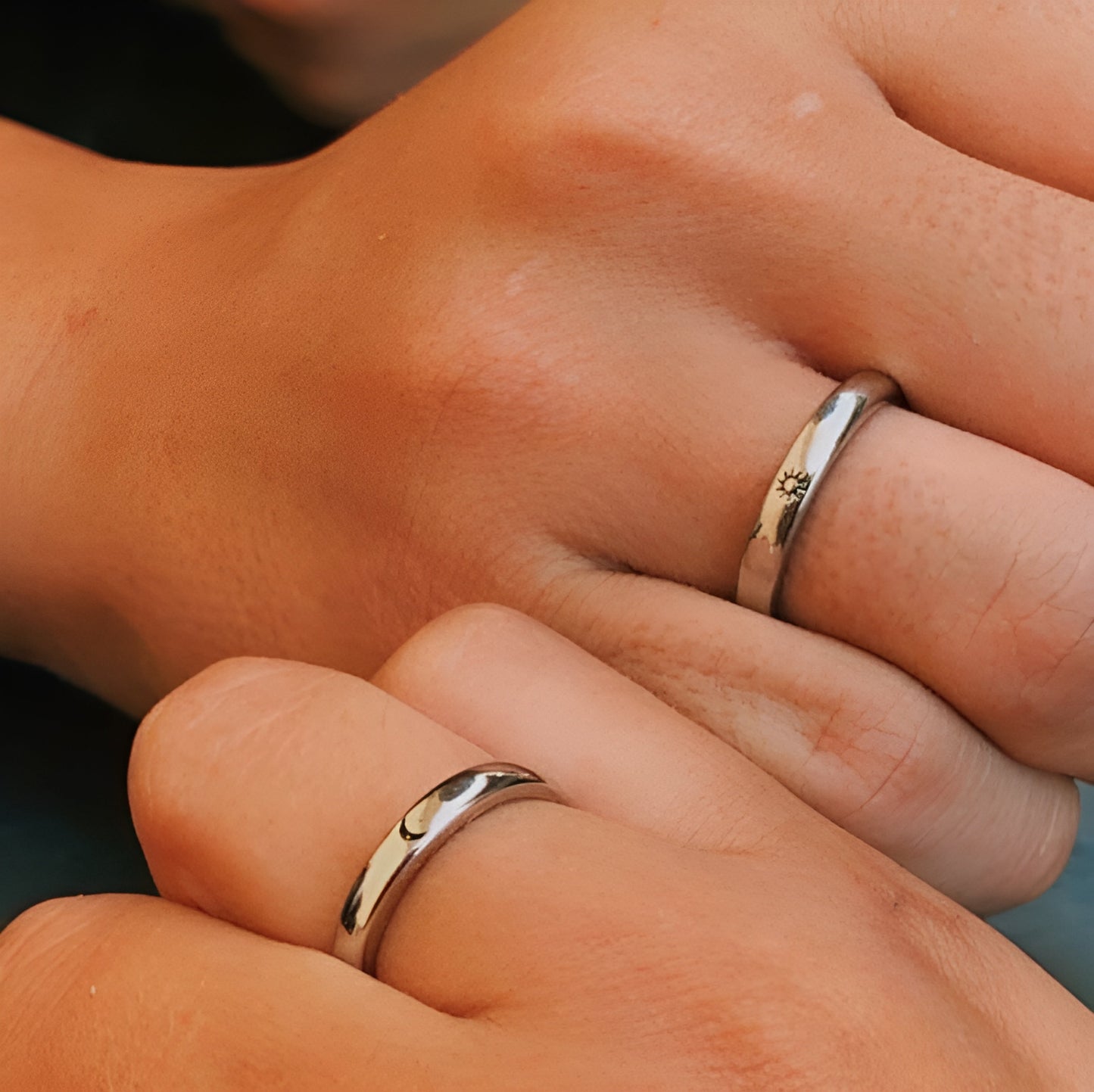 Unisex Moon & Sun matching rings styled on both hands