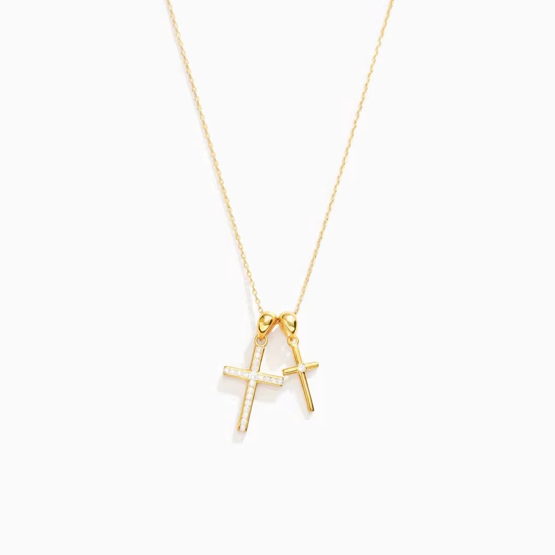 Dainty double cross necklace with CZ stones in gold