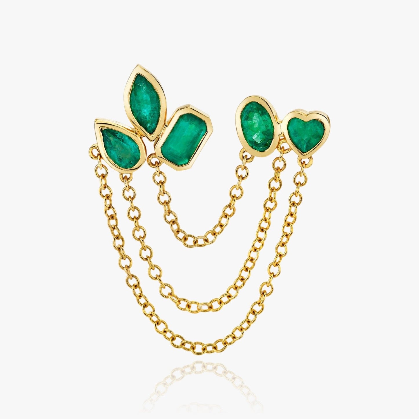 Front view of Elite Duo chain linked earrings in emerald and white stone