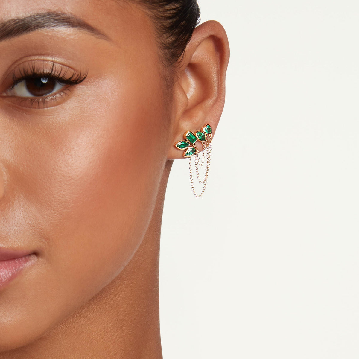 Elite Duo chain earrings worn with second piercing