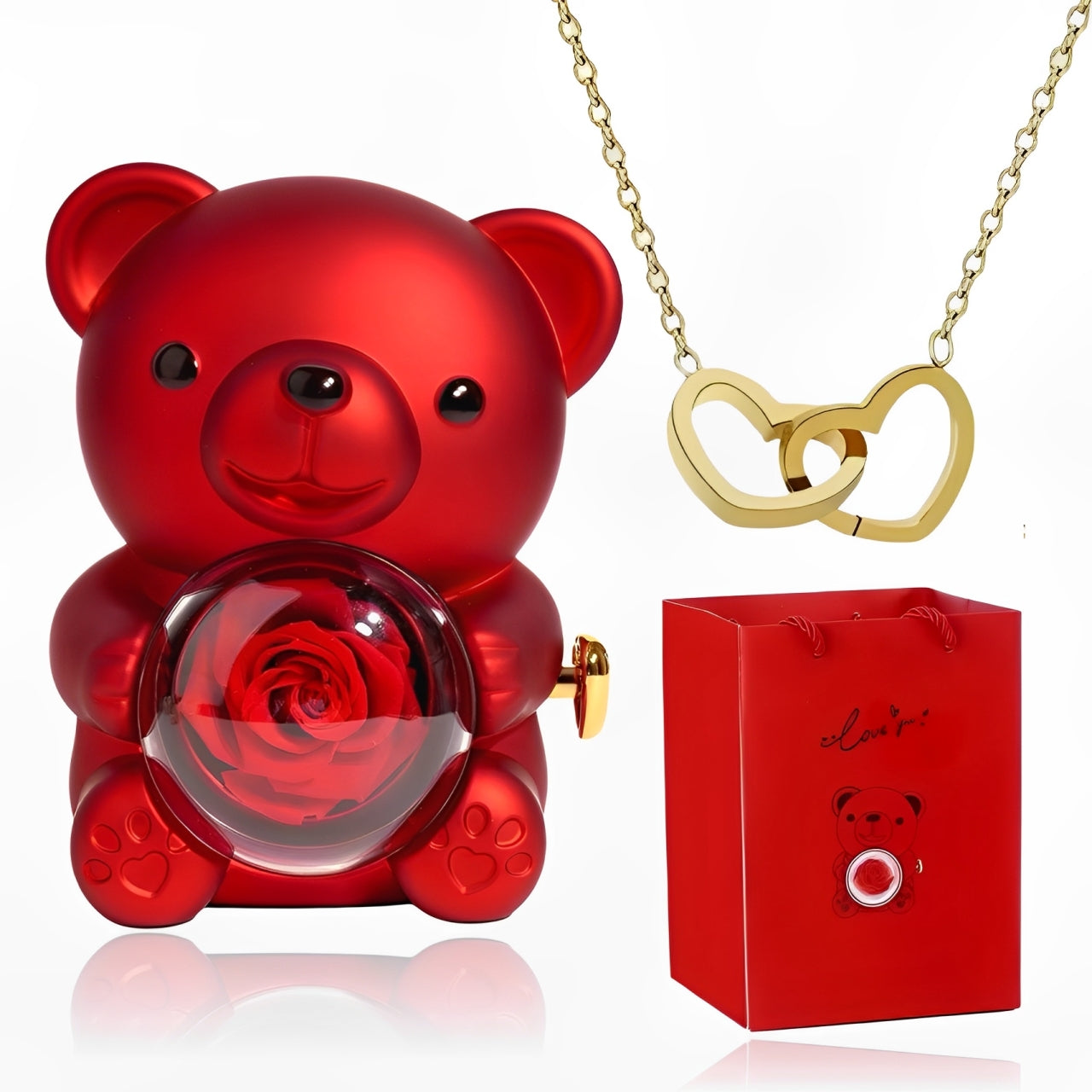 Eternal rose bear with hidden custom necklace