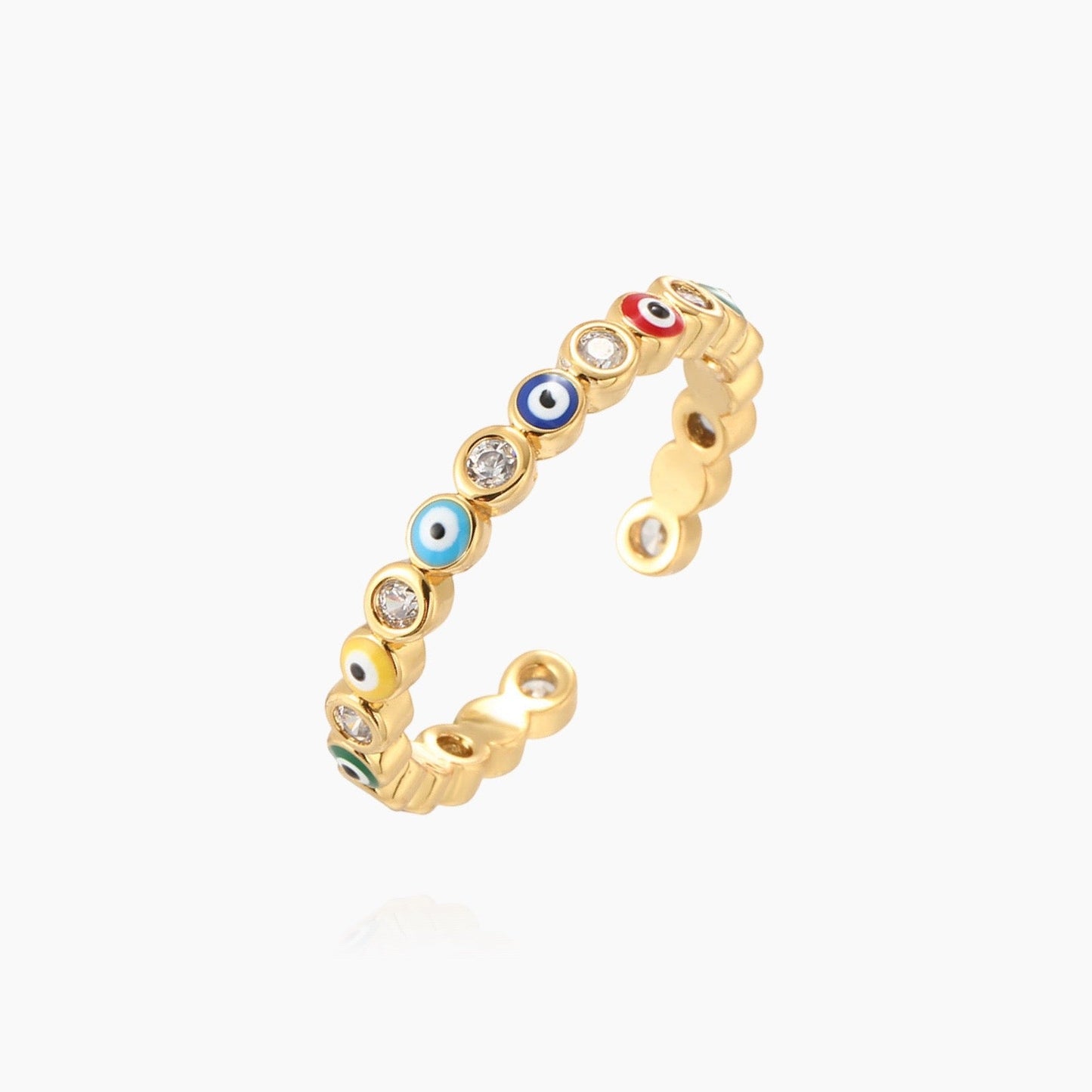 Front view of gold Evil Eye ring with CZ crystals