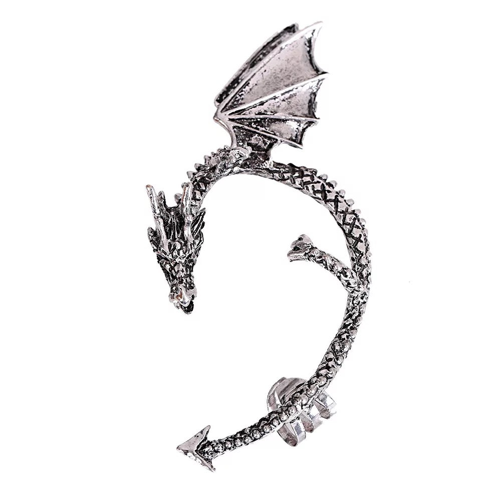 Fantasy dragon cuff earrings styled in gold and silver