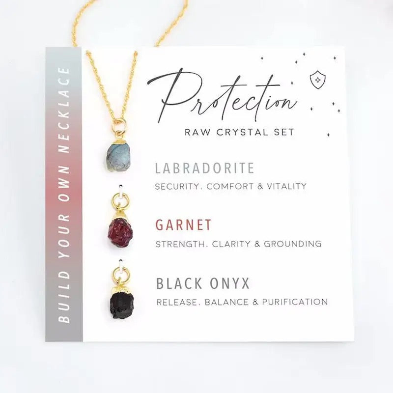 Raw crystal necklace with gift box and gemstone cards