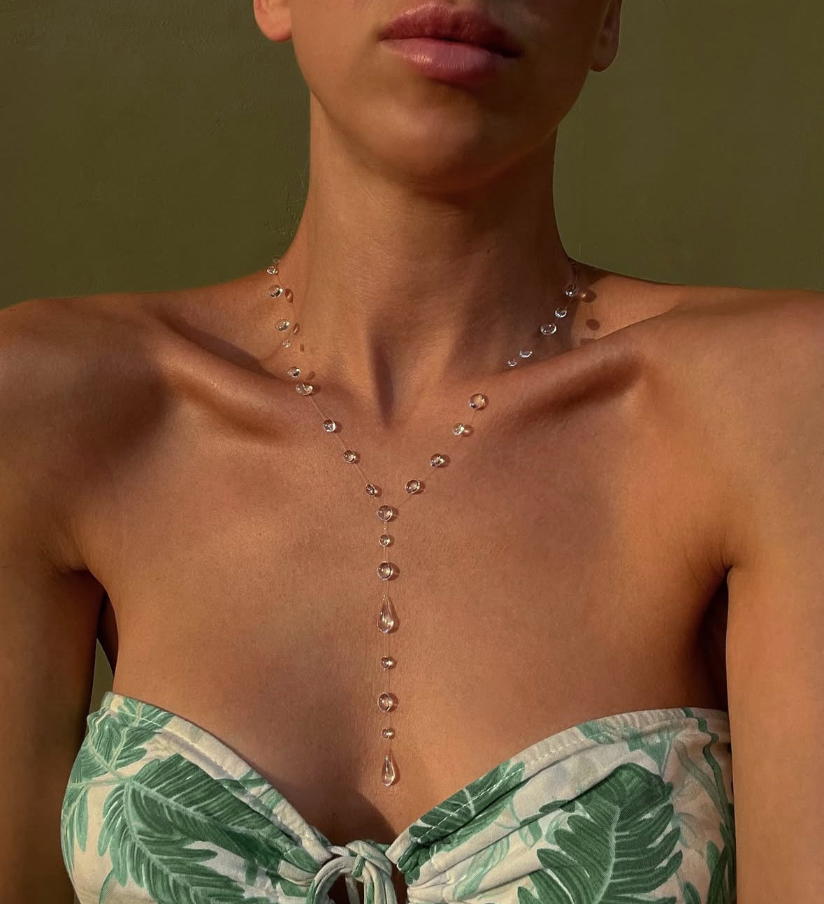 Detail of gold Water Drop Y-Shape Necklace
