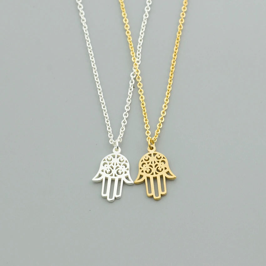 Hamsa Hand necklace worn on the neckline