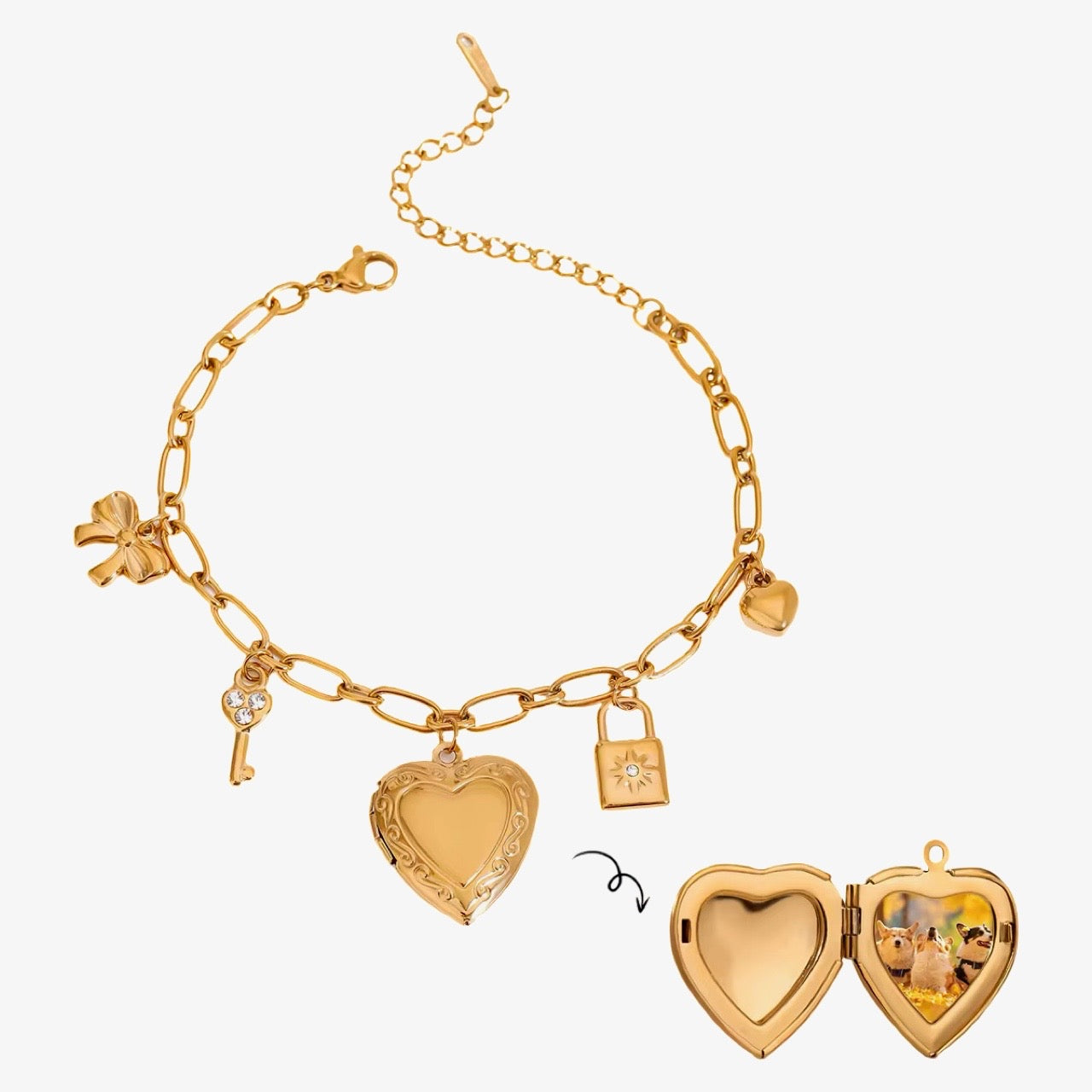 Heart-shaped locket bracelet with photo inside