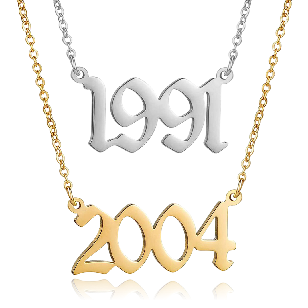 Gold plated custom year necklace in gothic font – front view