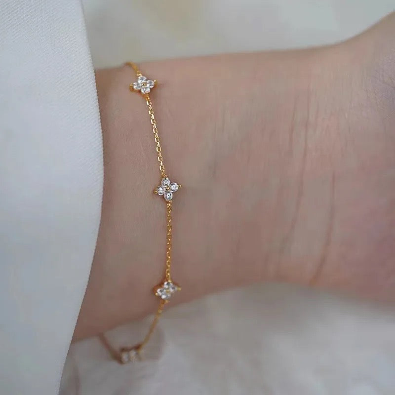 Flat lay of lucky clover bracelet with gift box