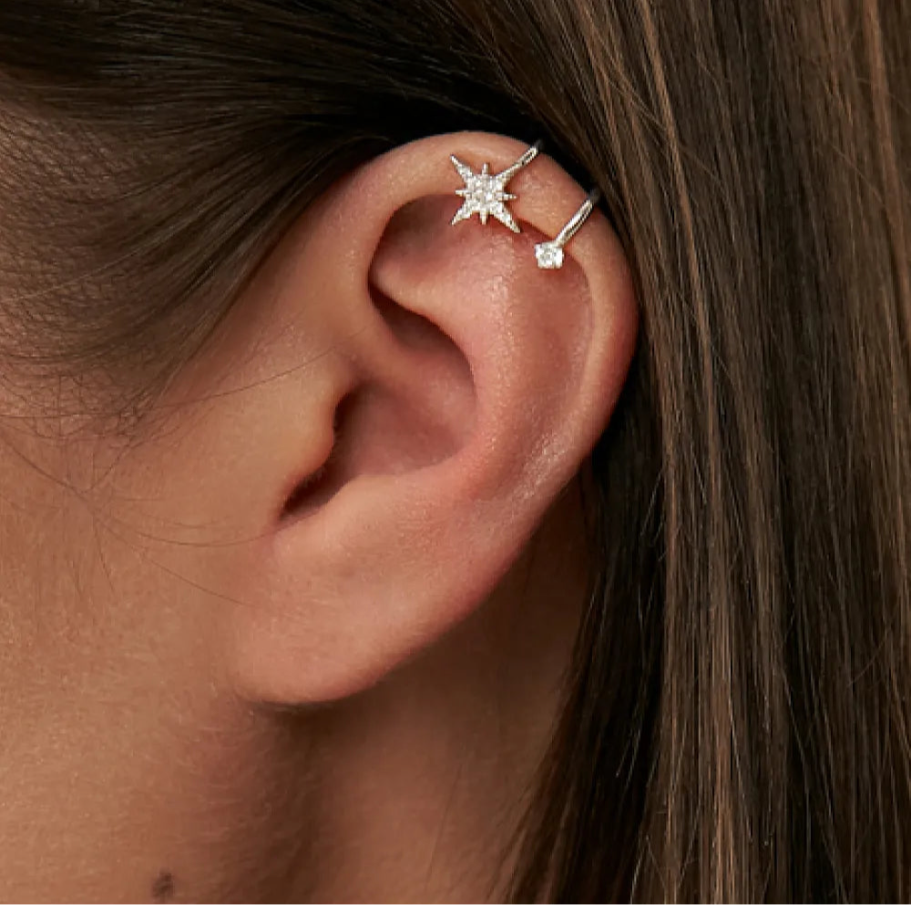 Lucky Star cuff worn on helix – celestial stack