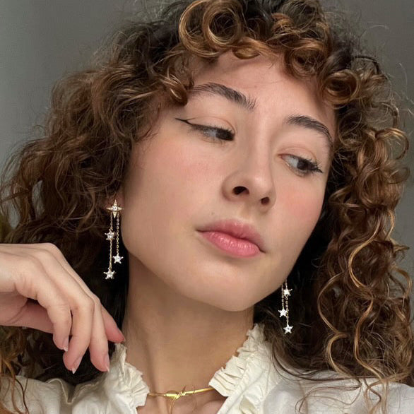 Close-up of crystal stars on Lucky Stars drop earrings