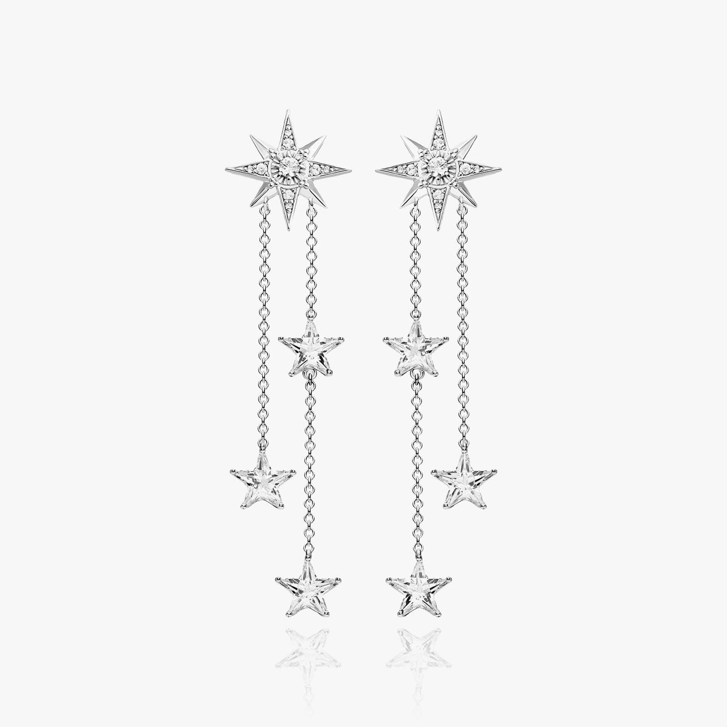 Front view of Lucky Stars drop earrings with gold and silver chains