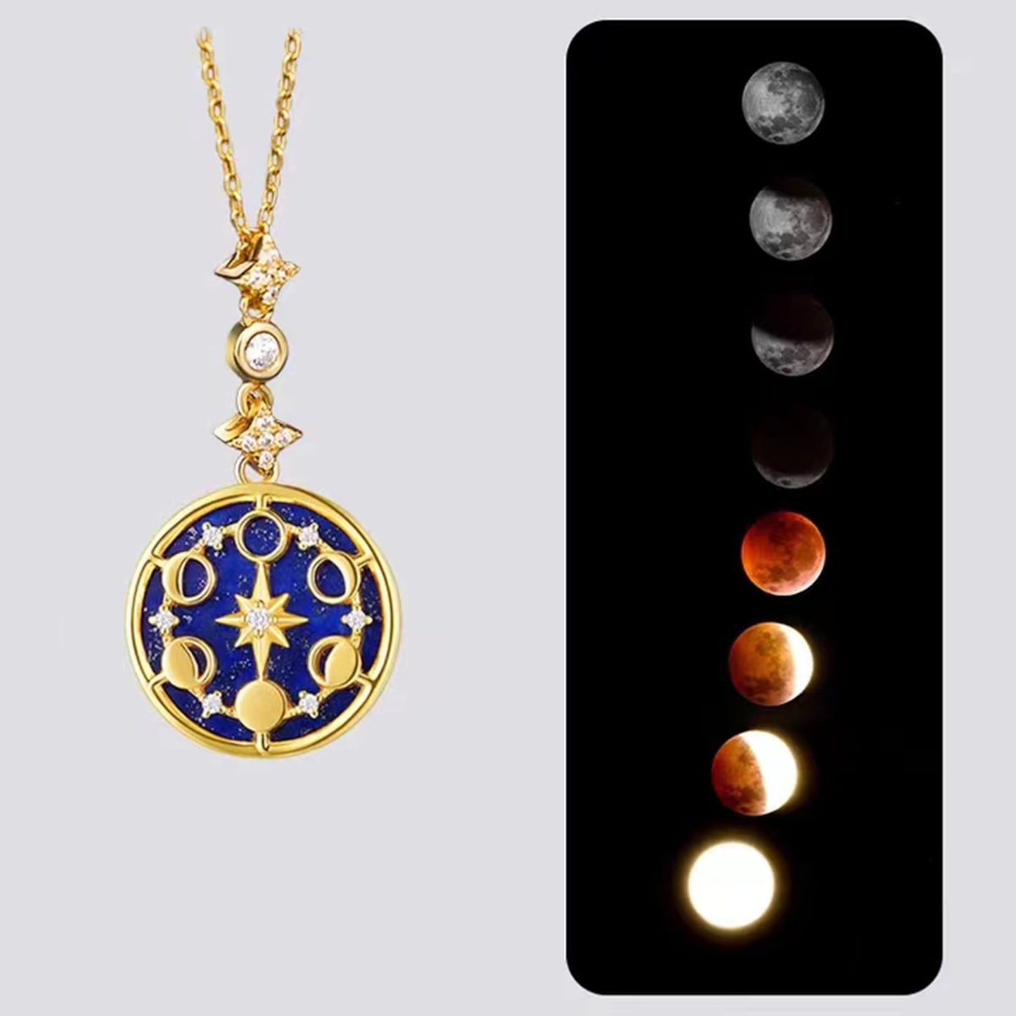 Close-up showing the moon phase symbols and blue stone