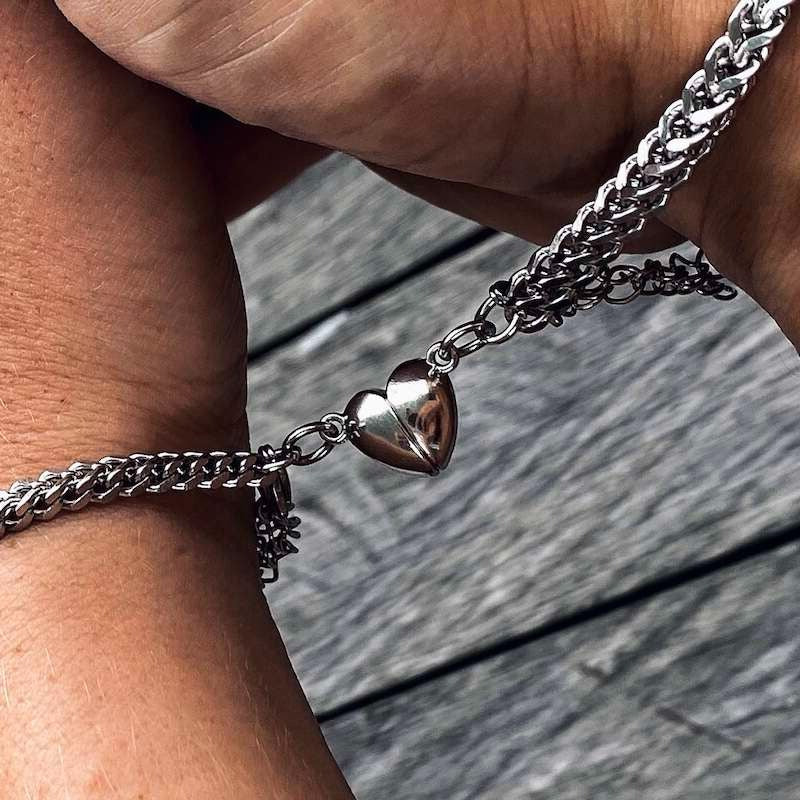 Happy couple smiling while wearing magnetic bracelets