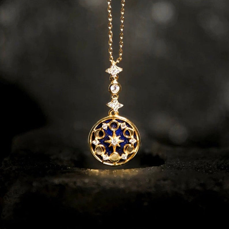 Moon Phase Necklace with blue sandstone – front view