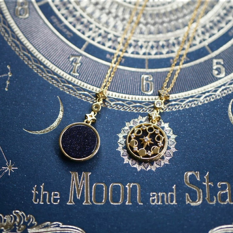 Moon phase sandstone necklace being worn