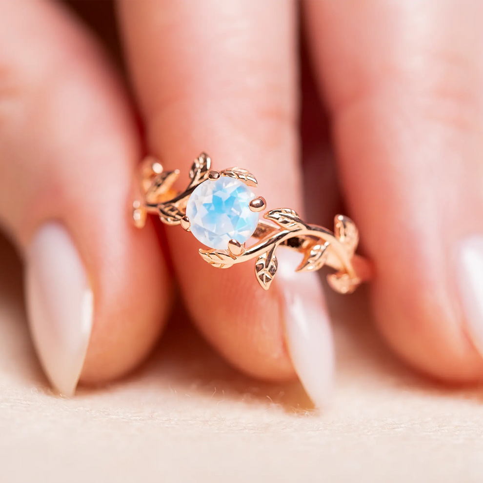 Sterling silver moonstone ring with crystals – luxury close-up