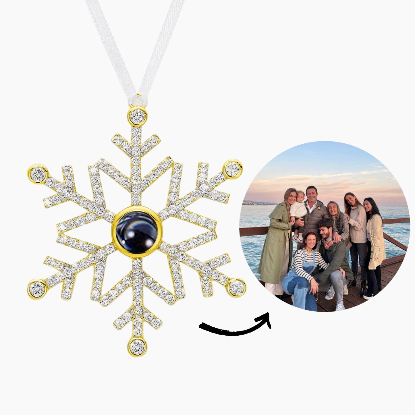 Front view of the custom snowflake photo ornament