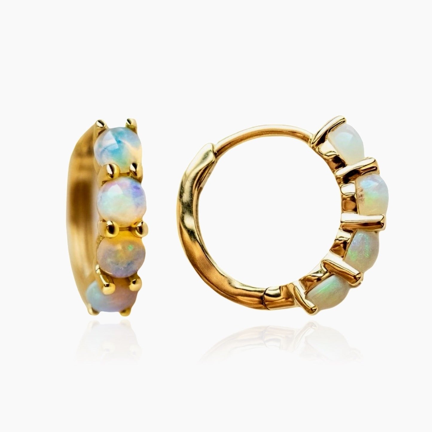 Front view of opal gemstone hoop earrings in gold