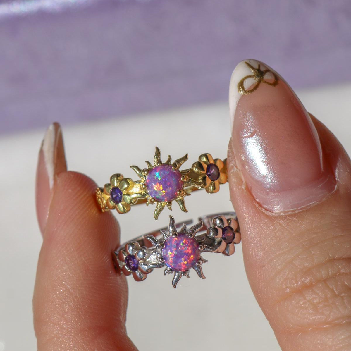 Princess-style sunflower ring with luminous opal