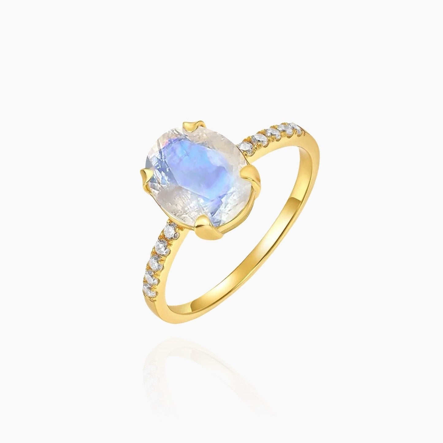 Oval cut natural moonstone ring in gold – front view