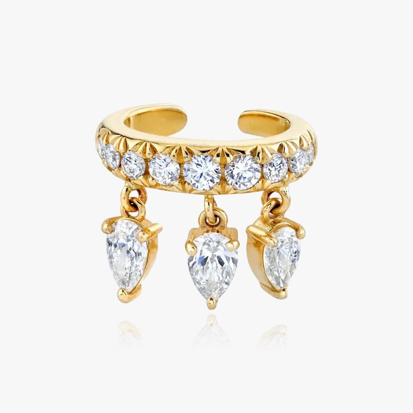 Front view of pear cut crystal ear cuff in gold and silver