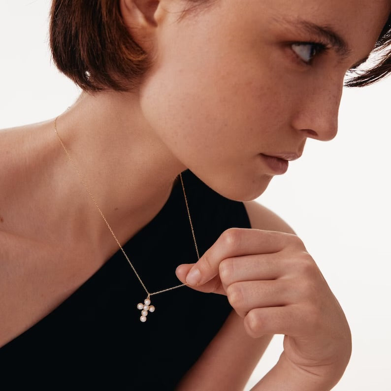 Layered pearl cross necklace with adjustable chain