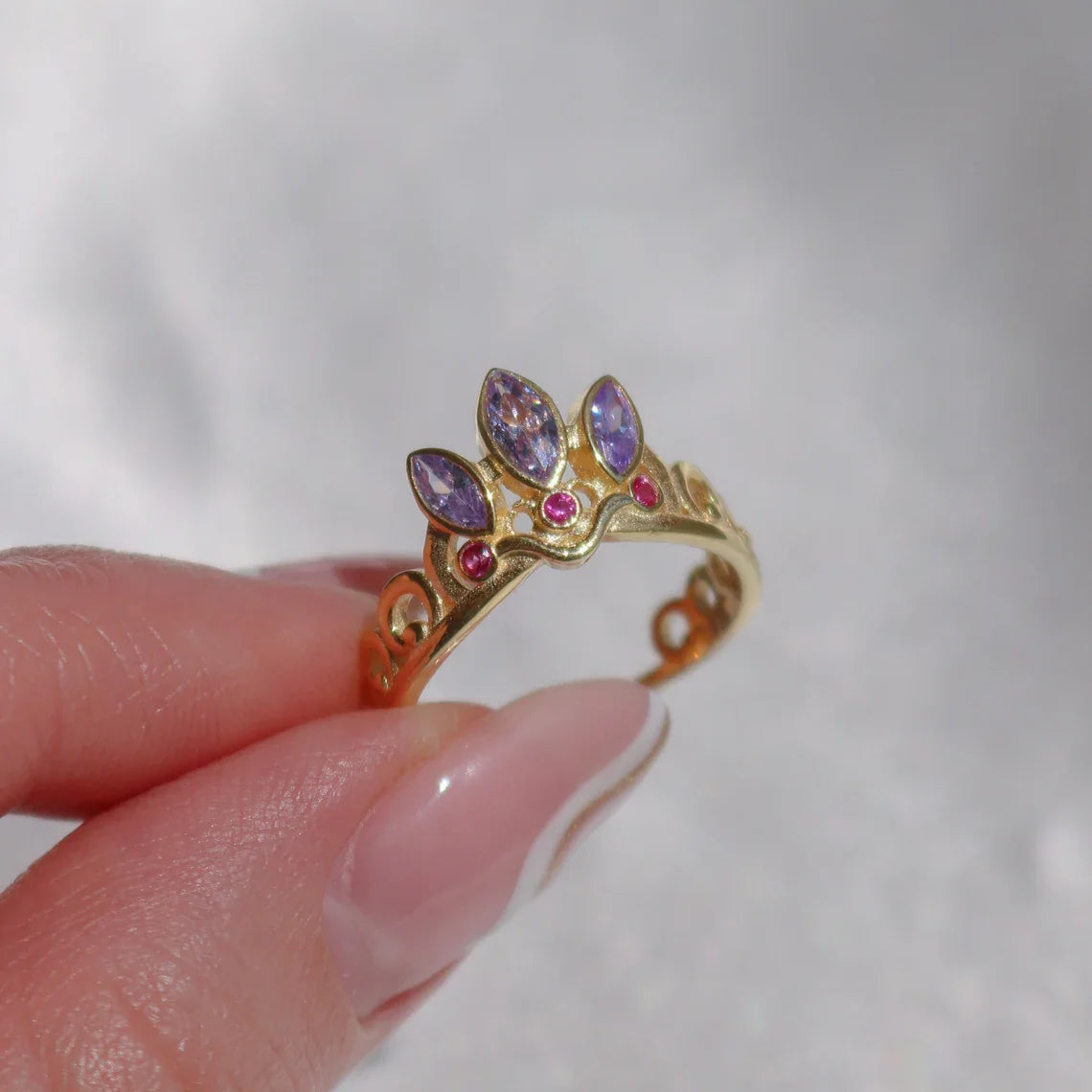 Rapunzel Crown Adjustable Ring in 925 Sterling Silver with Purple Zirconia