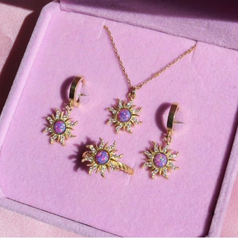 Rapunzel Sun Opal Jewelry Set – Necklace, Earrings & Ring 925 Silver