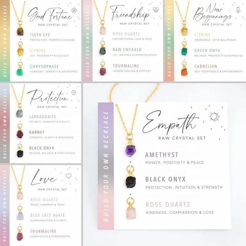Detail of removable raw crystal charms on necklace