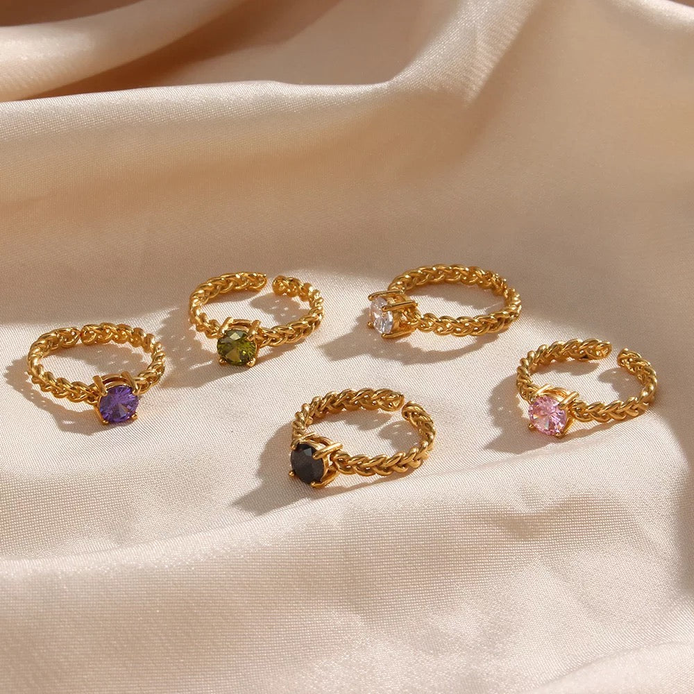 Romy ring in multiple gemstone colors: green, pink, white, black, purple