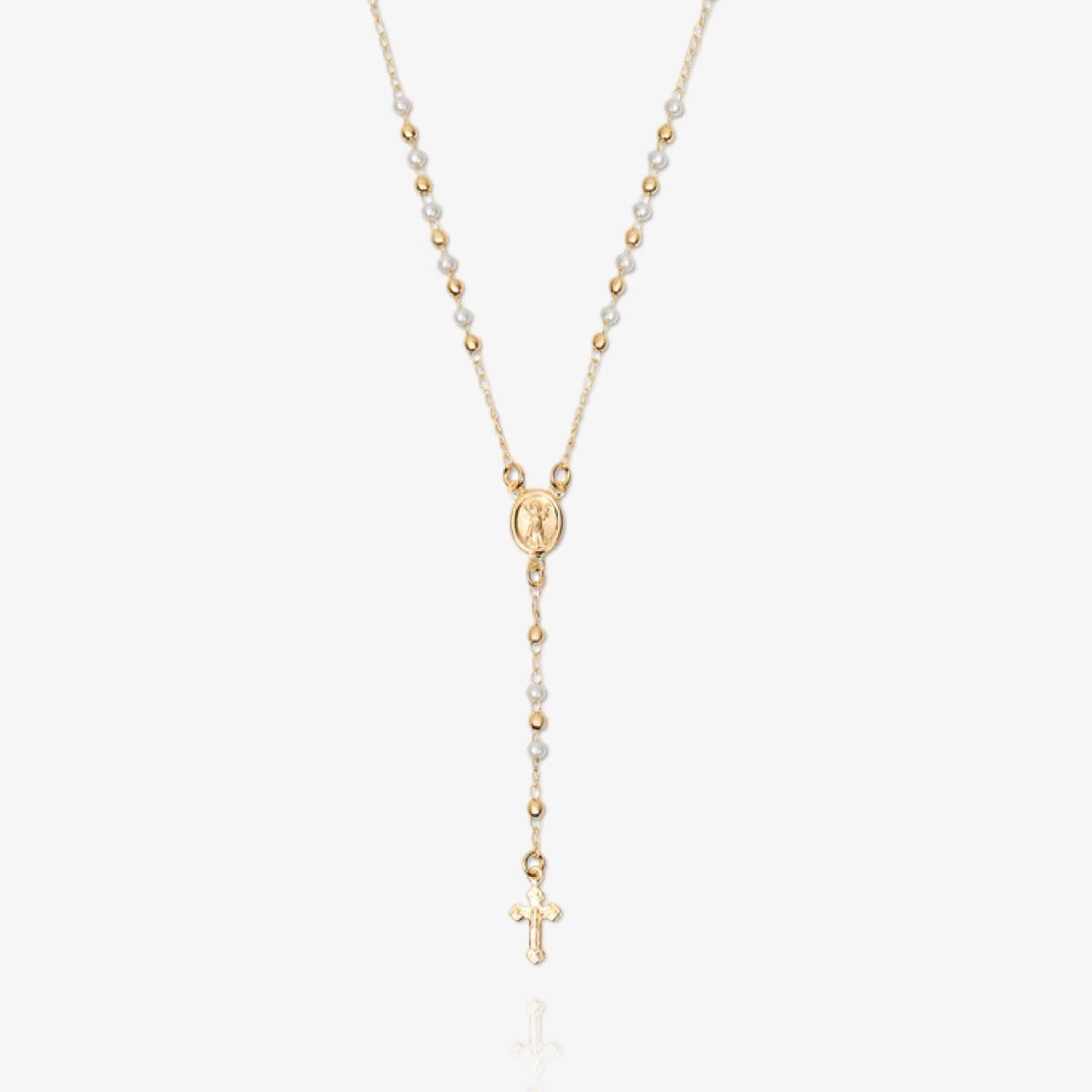 Mary rosary lariat cross necklace with pearls