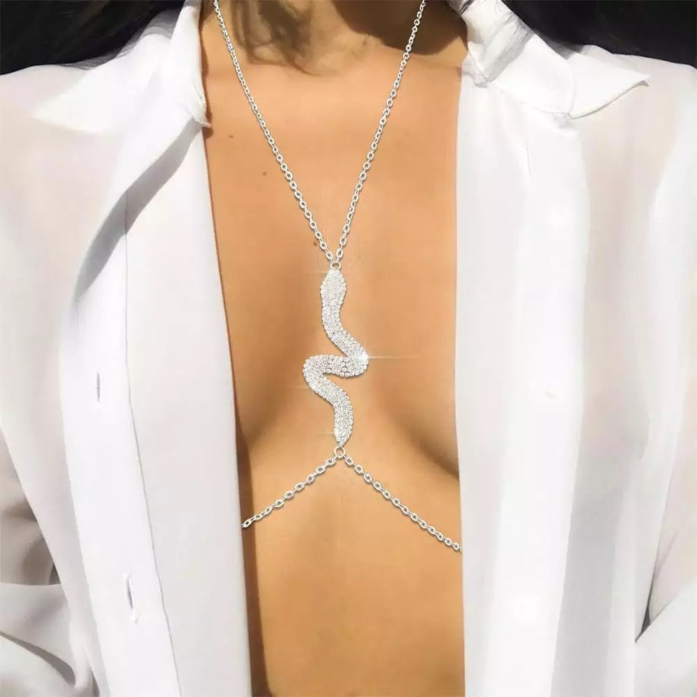 Snake crystal body chain styled with festive dress