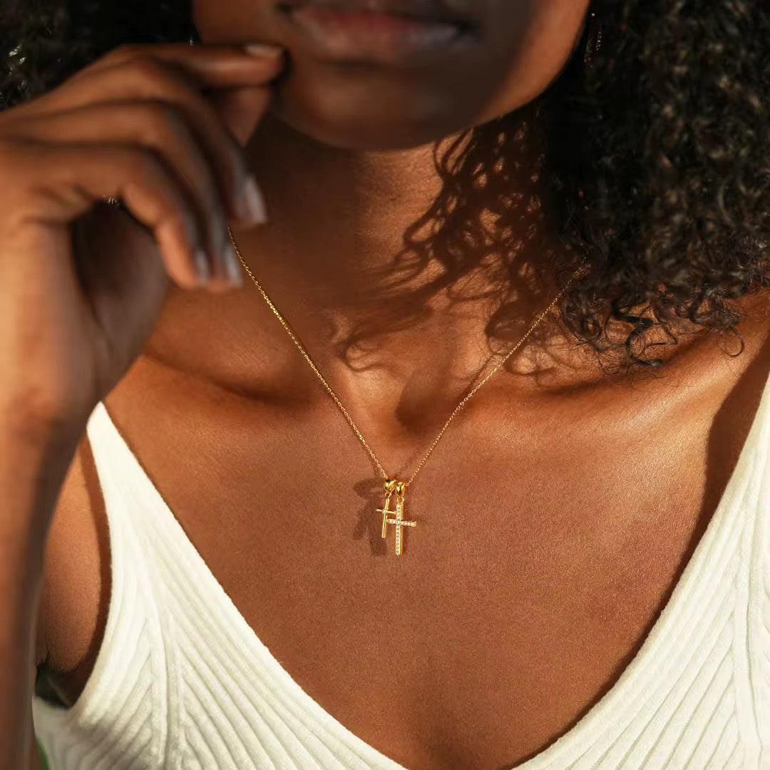 Sterling silver double cross necklace with layered look