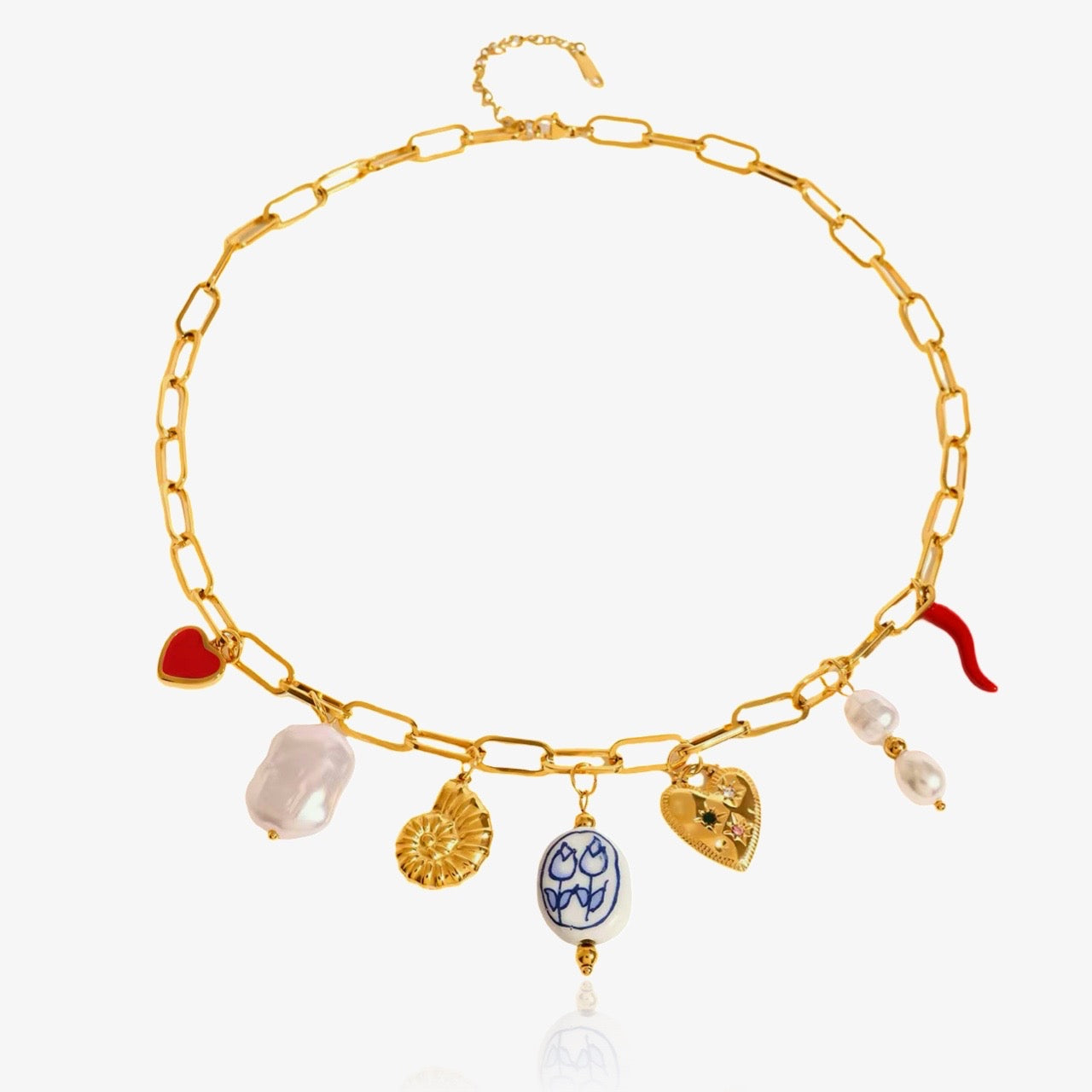 Summer charms necklace with natural pearls and colorful pendants