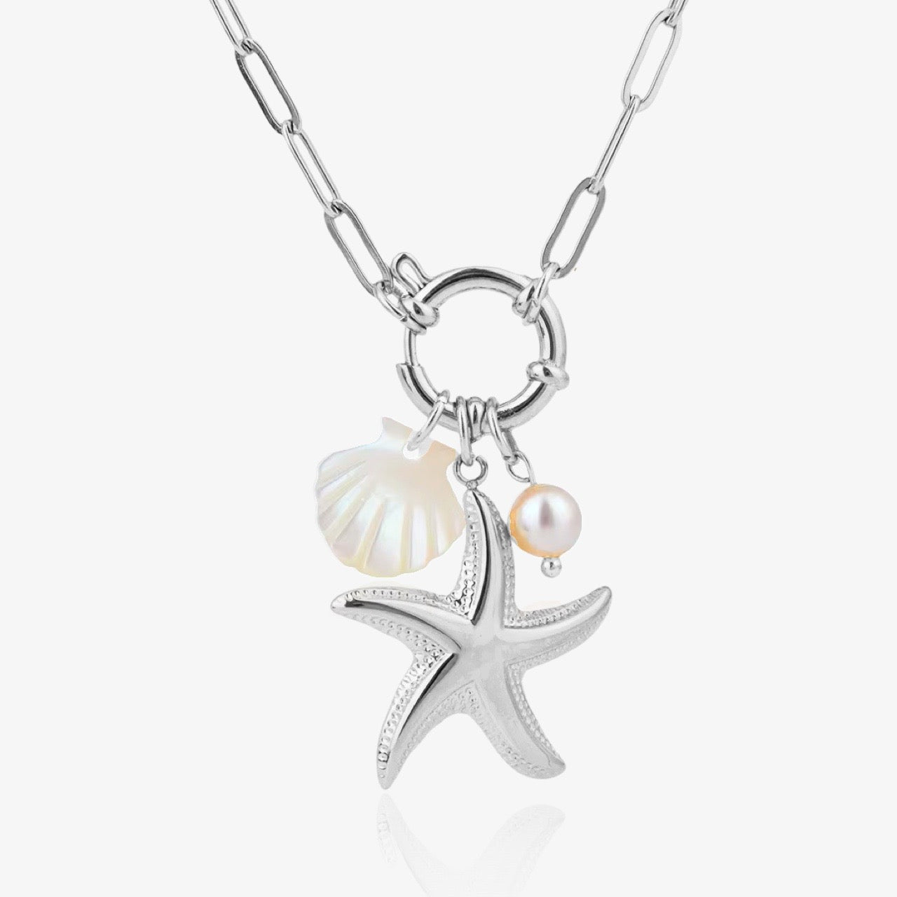 Summer necklace with starfish, shell, and pearl charms
