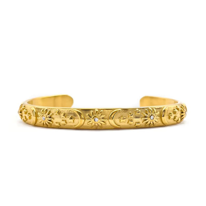 Detail of the sun and moon bangle bracelet