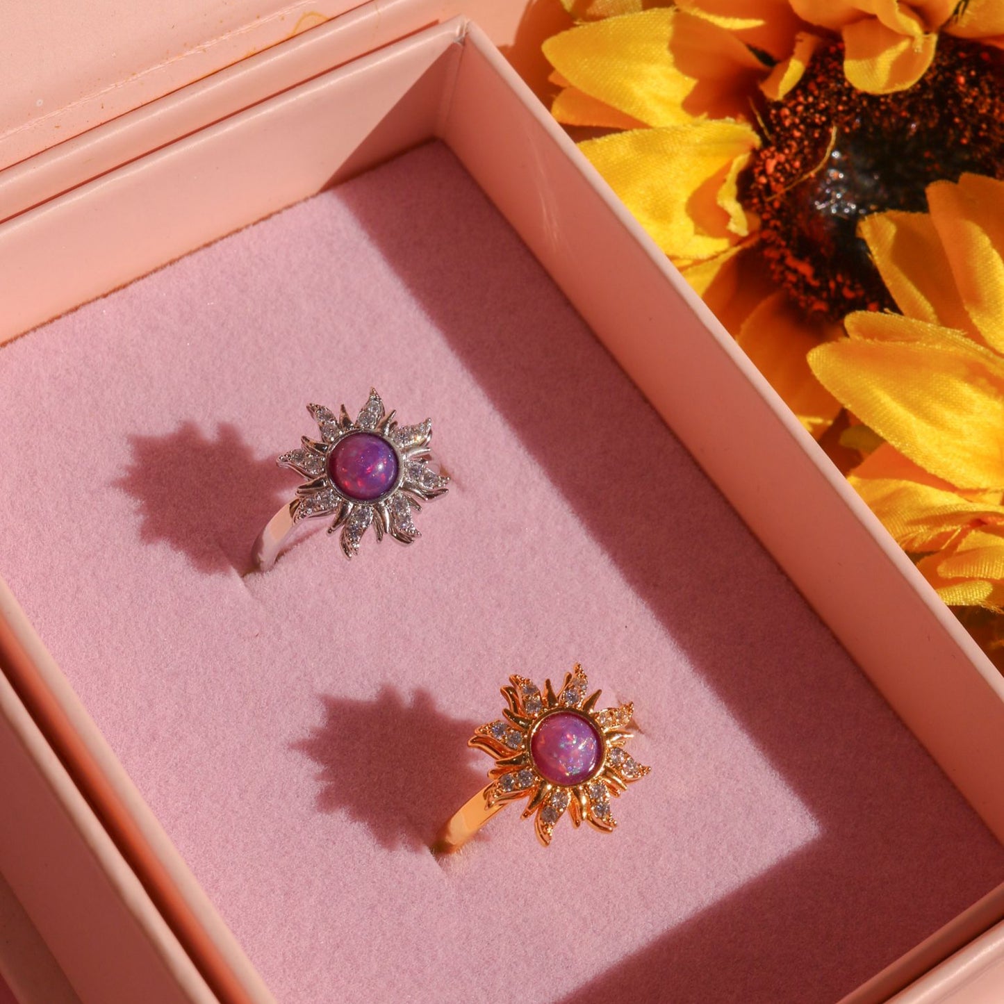 Close-up of spinning sun ring with zircon stone